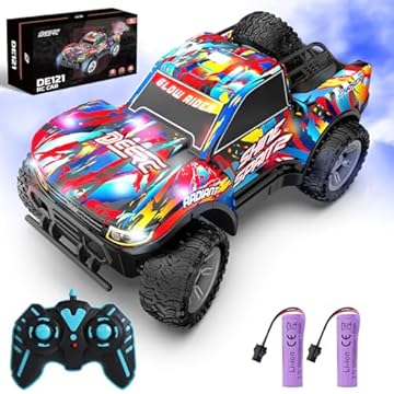 DEERC Remote Control Car for Boys & Girls Ages 4-8, Spray RC Truck with Music & Colorful LED Lights, 2.4GHz All-Terrain Drift Vehicle, 2 Rechargeable Batteries, 40 Mins Playtime, Birthday Toy for Kids