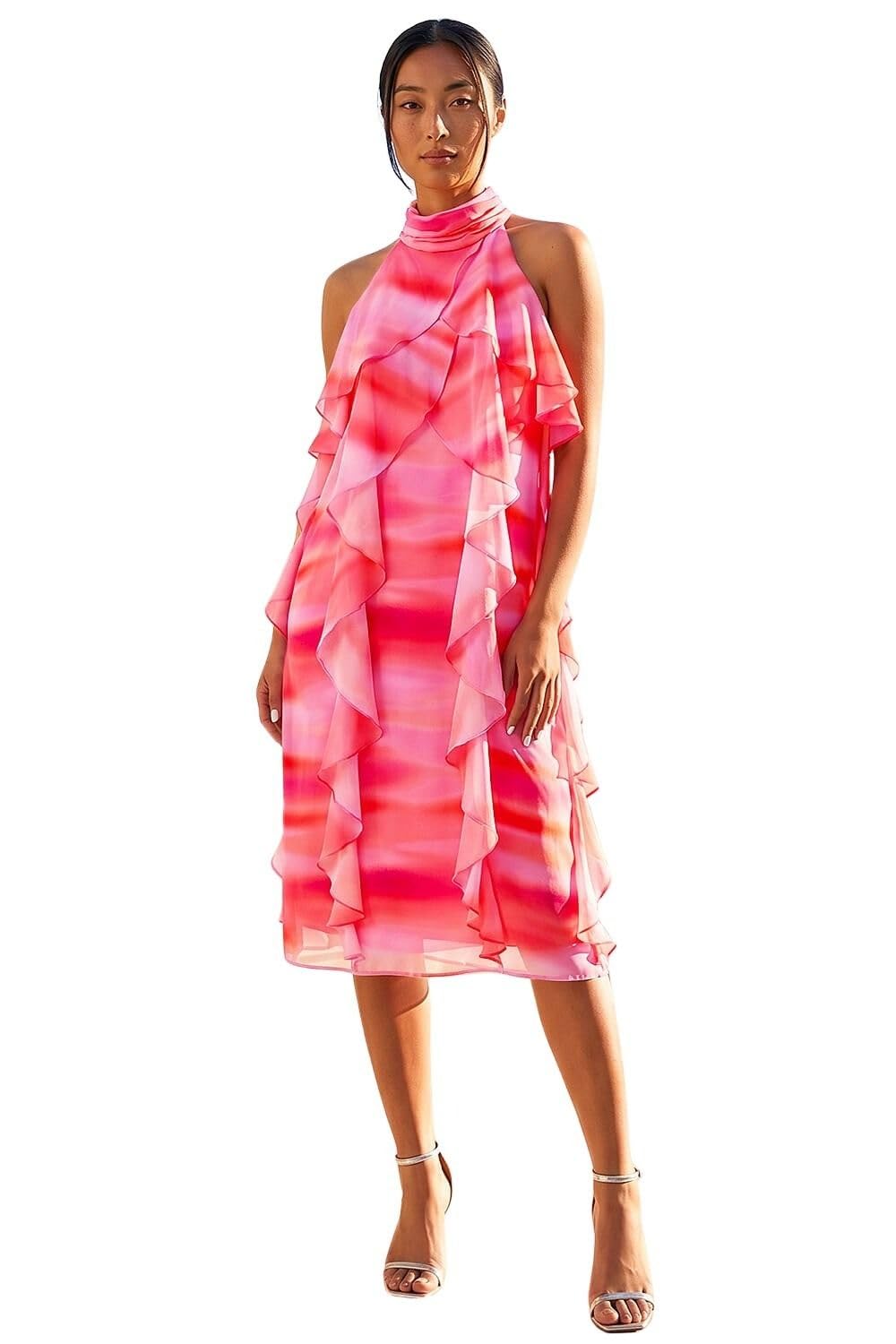 Roman Women's Pink Petite Abstract Halter Neck Ruffle Dress In | Size: 18