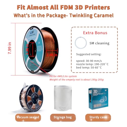 Image of ZIRO Sparkle PLA Filament 1.75mm, Shiny Glitter with Transluent PLA Base, Twinkling 3D Printer Filament, Galaxy Colorful Printing Material,1kg Spool, Fit Most 3D Printers, Twinkling Caramel