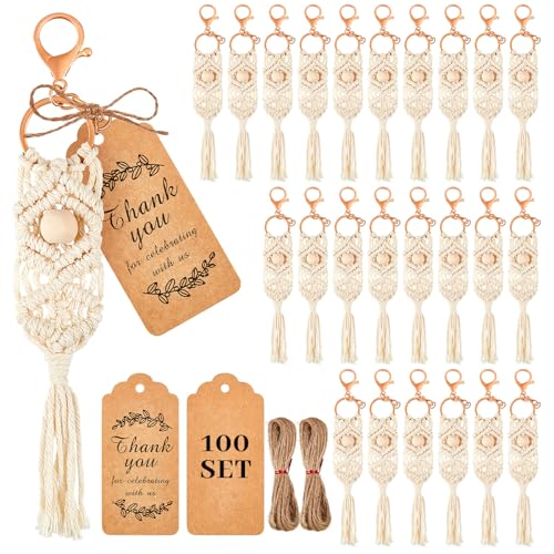 Huquary 100 Set Boho Macrame Keychain Bulk with Aesthetic Tassel and Kraft Thank You Tags for Keys Purses Wallet Wedding Bridal Shower Baby Shower Boho Party Favors