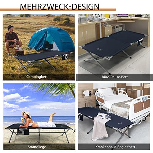 Generisch FANTASK Feldbett Klappbar XXL, 214,5 x 106 cm, Campingbett mit Seitentasche, tragbares Campingliege bis 150 kg belastbar, inkl. Tragetasche, Klappbett für Camping, Strand (Blau)