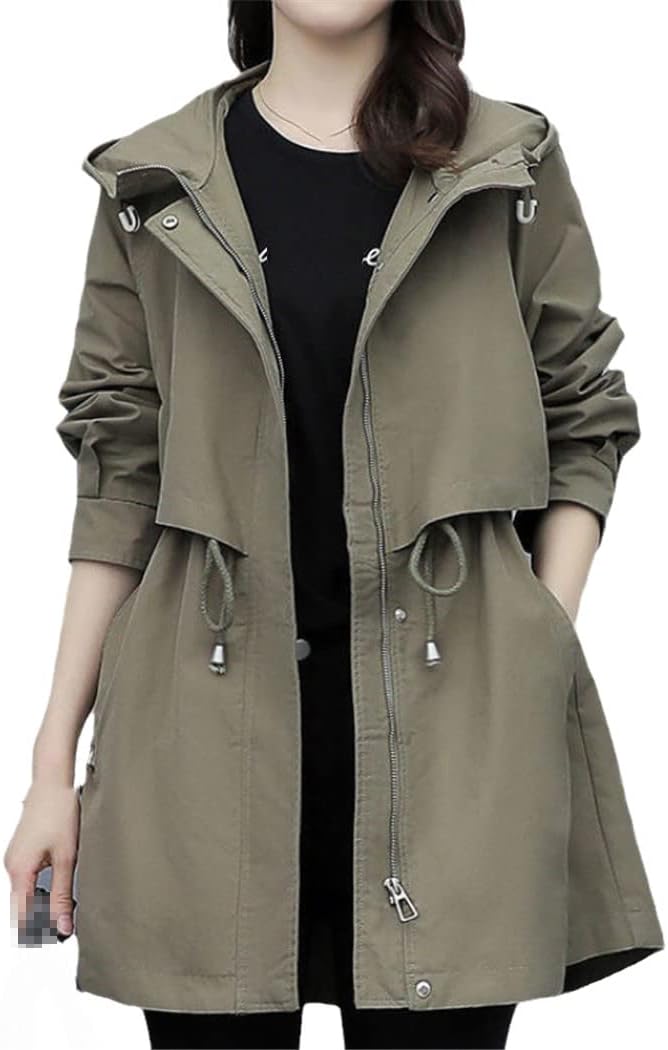 YTR6TW Spring And Autumn Women's Mid-Length Trench Coat Hooded Zipper Tie-In Jackets British Style Loose Coats