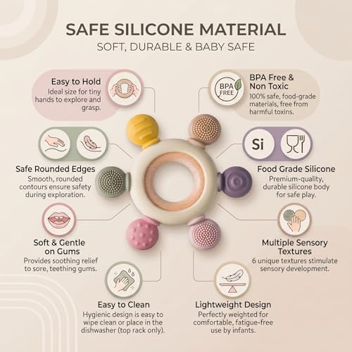 Image of Blushbaby Silicone & Wooden Baby Teether for 3+ Months Babies | BPA Free Soft Chew Teething Ring for Infants & Newborns | Safe Sensory Teether for Gum Relief | Round Shape | Beige