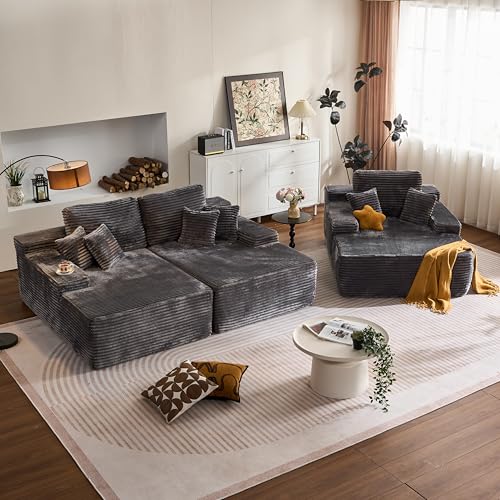 Image of HOOOWOOO Cloud Sectional Couches for Living Room,Modular Sectional Sofa No Assembly,Plush Corduroy Large Floor Couch Furniture Set with Deep Seat Double Chaise and Singlar Lounge(Gray)