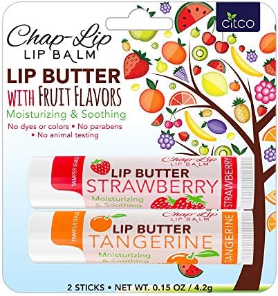 CHAP-LIP Lip Butter Lip Balm with Fruit Flavors, Cocoa Butter, Coconut Oil | Moisturizing Vitamin E & Total Hydration Treatment & Soothing Lip Therapy (2 Count - Strawberry & Tangerine)