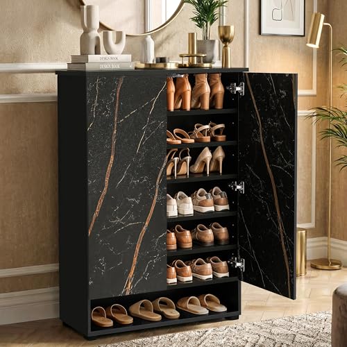 Image of ABOUT SPACE Shoe Cabinet - 7 Tier Shoe Rack with Door & Open Bottom Storage|Press Open 2 Door Engineered Wood Shoes Stand for Home | Adjustable Shelf Raised Legs 18-21 Pair | Black & Black Marble