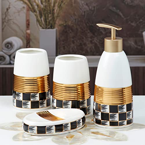 Image of SaSaSa Ceramic Bathroom Accessories Set of 4 Modern Bath Set with Soap Dispenser & Toothbrush Holder, Luxury Home & Gift Idea, White /Gold /Black (10081)