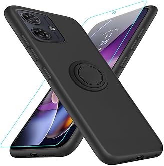Compatible for Motorola Moto G54 5G Phone Case with Glass Screen Protector, 360° Rotatable Ring Holder Kickstand/Stand Silicone TPU Protective Cover Case for Motorola Moto G54 5G XT-2343-1 - Black