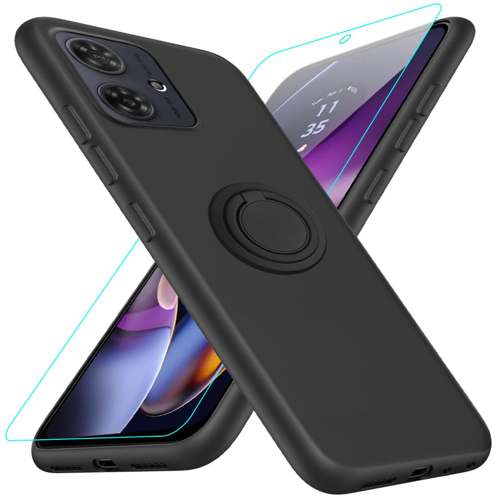 Compatible for Motorola Moto G54 5G Phone Case with Glass Screen Protector, 360° Rotatable Ring Holder Kickstand/Stand Silicone TPU Protective Cover Case for Motorola Moto G54 5G XT-2343-1 - Black