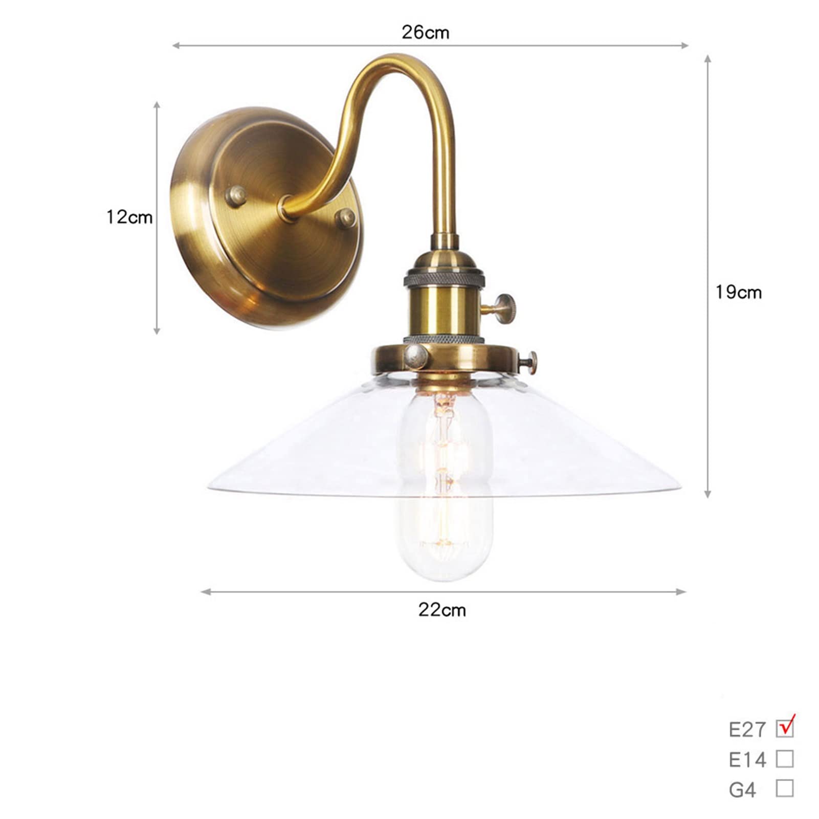 Przemysłowe kinkiety ścienne i ścienne z włącznikiem/wyłącznikiem, minimalistyczna lampa ścienna, lejek, rozkloszowane reflektory ścienne z przezroczystego szkła, klosz