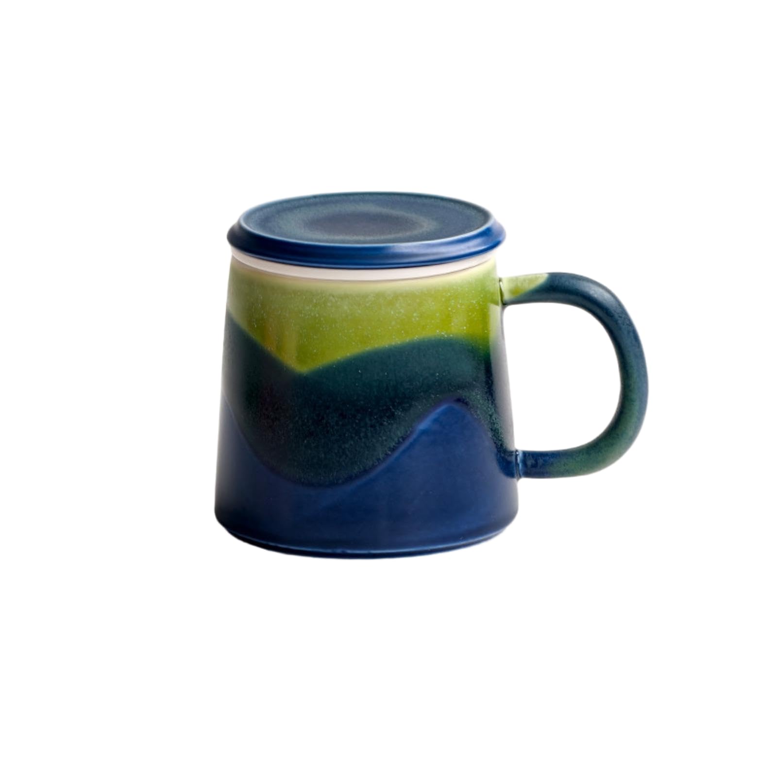 HJDMO - Taza de cerámica con tapa y colador, 350 ml, taza infusora de té azul degradado para té de hojas sueltas, taza de café grande para oficina y hogar, regalo único para ella
