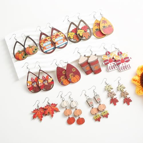 24PCS Thanksgiving Earrings Set Autumn Fall Earrings for Women, Wooden Maple Leaf Sunflower, Turkey, Pumpkin Earrings-Thanksgiving Jewelry Gifts Decor3