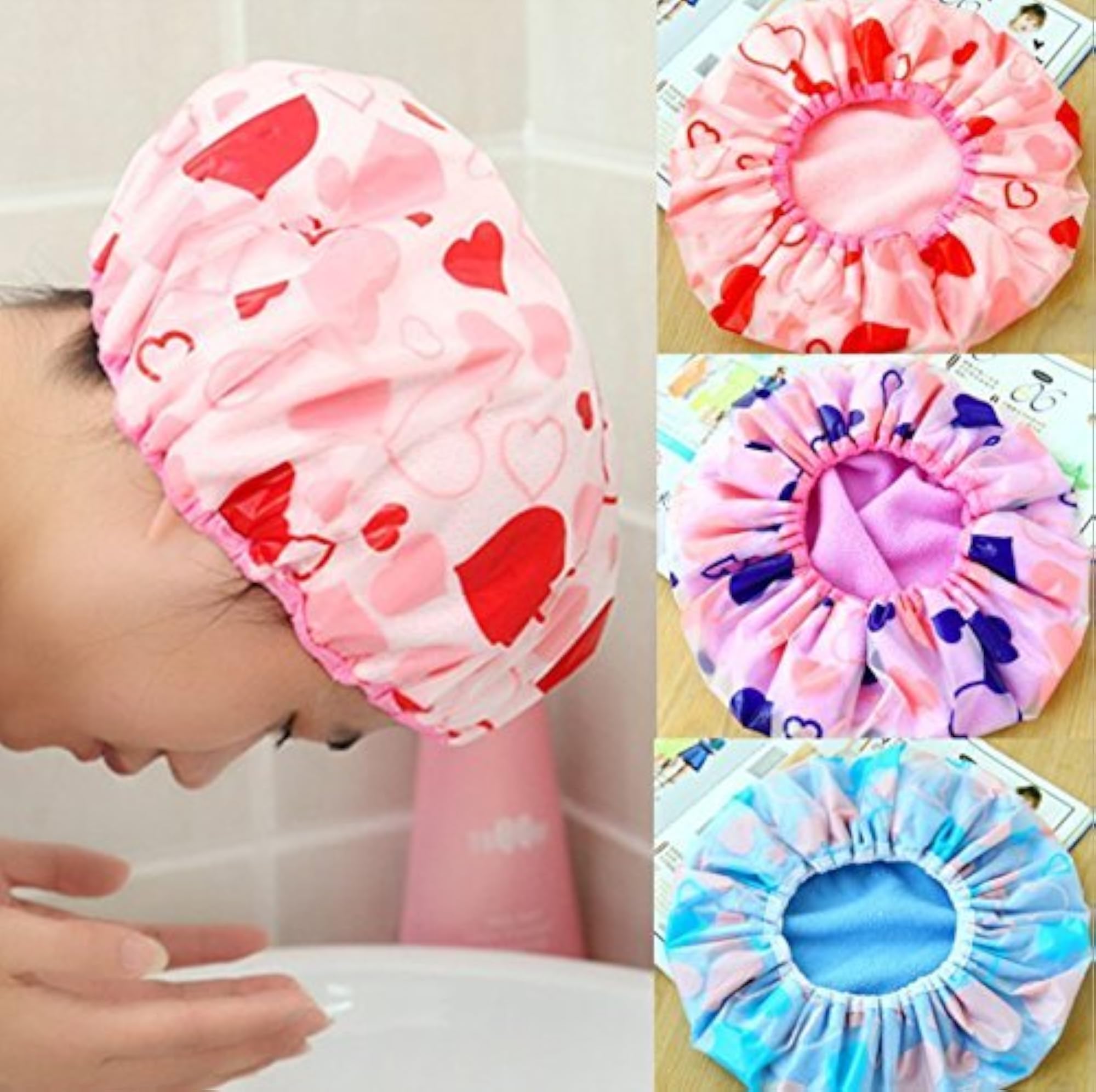 3Pc Reusable Printed Shower Cap Set with Elastic Band