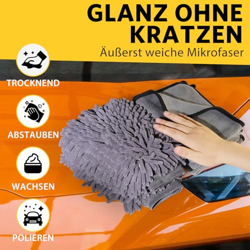 KEYAYE Autopflege Set mit 3 Stück Mikrofasertücher Auto & 2er Mikrofaser Waschhandschuh, 600 GSM Auto Trockentuch zum Kratzfreien Trocknen & Polieren, Extra Saugstark und Schonend Weich, 40x30cm