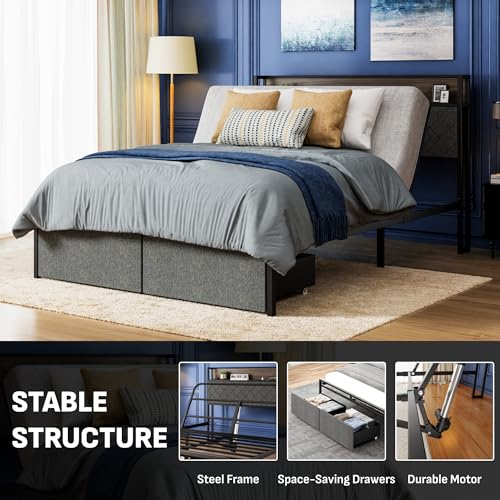 Image of Softa Queen Adjustable Bed Frame with Storage Headboard and Charging Station, Power Head Lift with 2 Footboard Drawers, Upholstered Metal Frame, No Box Spring Needed