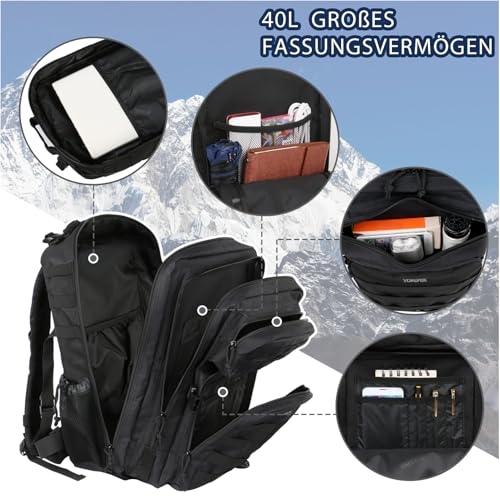 YOREPEK Großer Militär Rucksack Herren, 40L Outdoor Armee Wasserdicht Taktischer Bundeswehr Rucksäcke Molle Assault Survival Tactical Travel Backpack für Camping Trekking Wandern Reise Arbeit, Schwarz