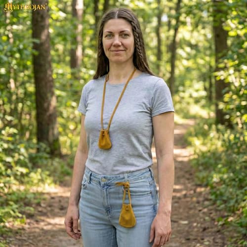 Image of Mythrojan Small Trinket Pouches Suede Leather Drawstring Coin & Dice Bags for LARP, SCA, Viking & Medieval Events (4, Yellow, Large : 4 inch X 2.9 inch X 2.6 inch)