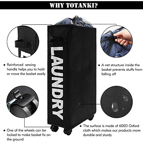 Totanki 25" Rolling Slim Laundry Basket With Handle On Wheels (4 Colors), Foldable Laundry Hamper, Collapsible Laundry Sorter And Organizer, Tall Storage Basket Bin (Black) #TOP3