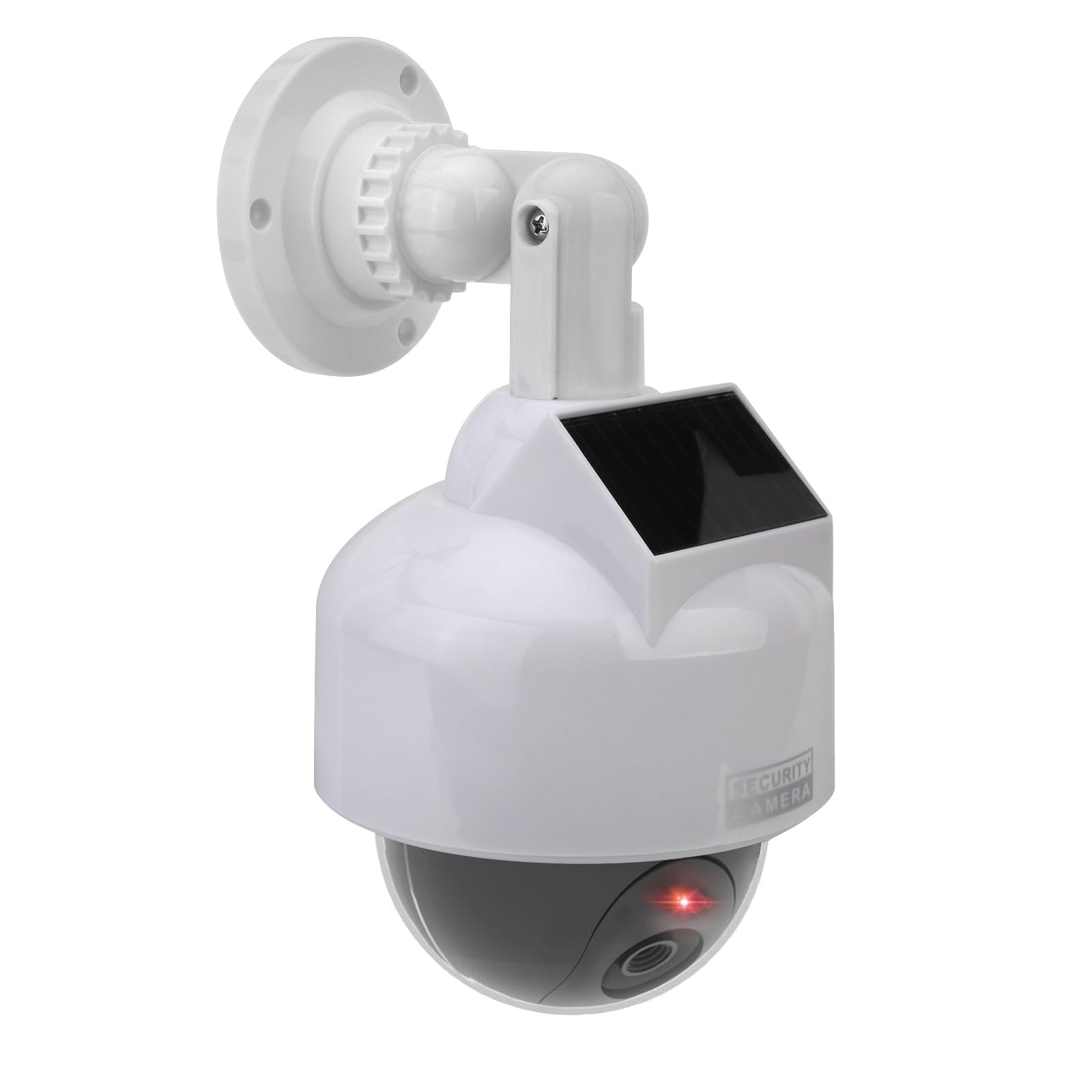 Fausse caméra de vidéosurveillance dôme factice, à énergie solaire simulée avec lumière LED rouge clignotante et autocollant d'avertissement pour la maison, le jardin et les affaires,