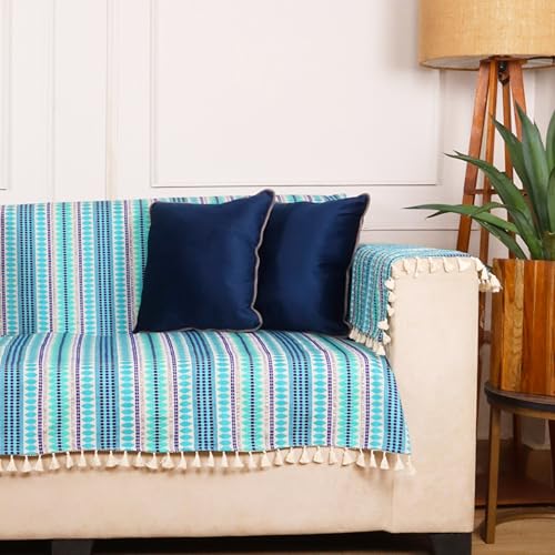 Image of STITCHNEST Woven 1 Seater Sofa Protector with 2 Hand Rest Covers - Blue & White Stripe Design - Washable Fabric with Tassels - Stylish Sofa Cover for Modern Living Room & Furniture Decor