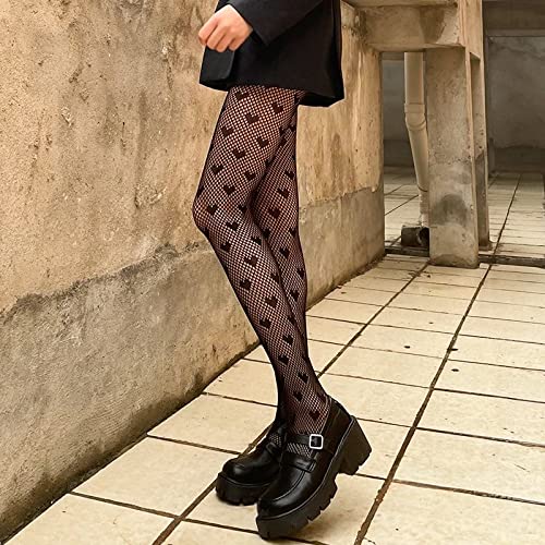 HMTE Medias Bonitas con Estampado de Amor Negro para Mujer, Pantimedias de Malla de Rejilla oscuras Sexis para Mujer, Medias de Cuerpo Entero (Talla única J Negra)