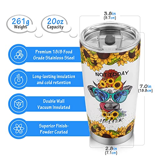 Funny Birthday Gifts For Women Or Lovers, Not Today Heifer Floral Cow Print 20Oz Tumbler Cup With Lid, Not My Pasture Not My Bull Lovely Farm Animals With Flowers Double Wall Insulated Coffee Tea Mugs #TOP1