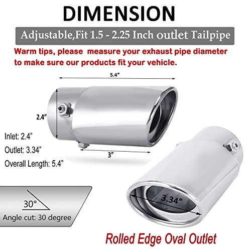 Image of Dsycar Universal Stainless Steel 1.5 inch - 2.25 inch Inlet Exhaust Tips, Fit Pipes Diameter 1.5-2.25 inch, Adjustable Car Decoration Chrome-Plated Finish Exhaust Tailpipe Tip, 3.3 inch Outlet, 5.4 inch Long