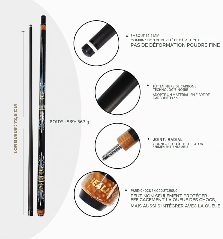 OKHEALING Queue de billard professionnelle T700 en fibre de carbone, diamètre de la tête 12,4 mm, 19-20 oz, robuste et durable pour l'intérieur et les salles de billard