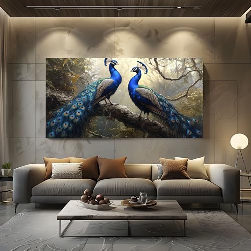 Tableau sur toile paon 80x160 cm grand format peinture à l'huile moderne