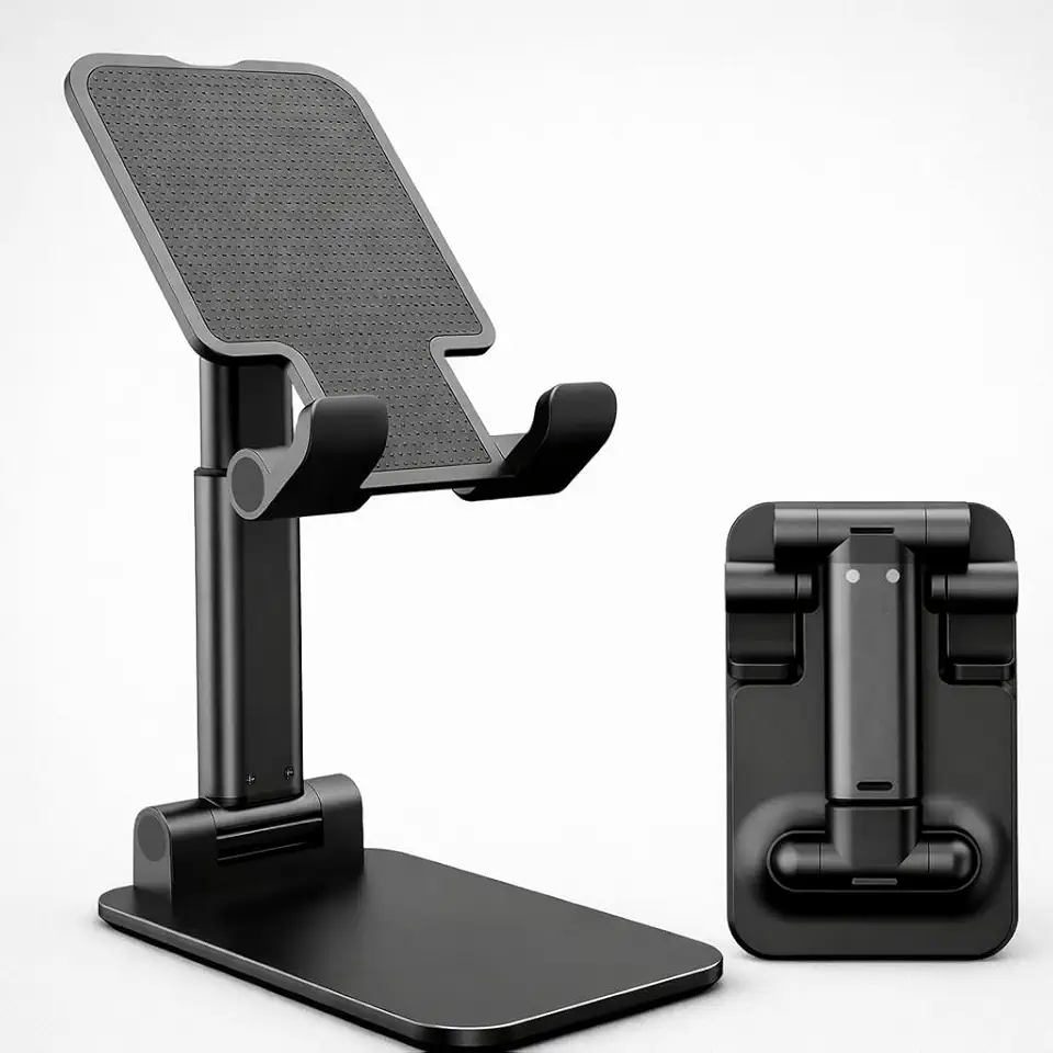 Suporte de Mesa Dobrável Ajustável para Celular e Tablet – Base Antiderrapante Universal para Videochamadas, Filmes, Home Office e Viagens – Preto