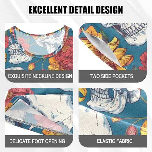 ALAZA Skull Colorful Flowers Pajama Set Short Sleeve Sleepwear Soft Lounge Nightwear4