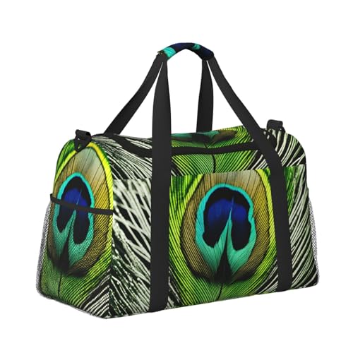 Green Peacock Feather Print Stylish Foldable Carry On Tote with Waterproof Zipper for Weekend Getaways Bag3