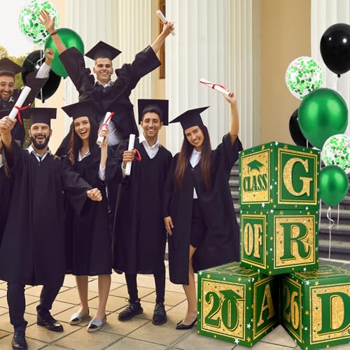 Image of Graduation Decorations Class of 2026 Decorations Green and Gold Balloon Boxes with inchGRAD inch and inchCLASS OF 2026 inch Letters Graduation Boxs for High School and College Announcements