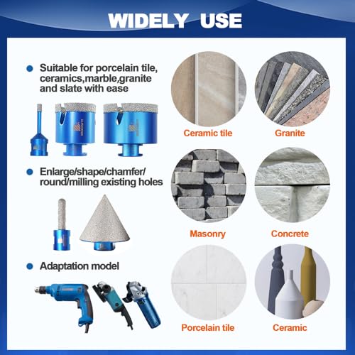 Image of Diamond Core Drill Bit Set - BRSCHNITT Tile Hole Saw Kit 1 /4 inch 3 /8 inch 4 /5 inch 1-3 /8 inch2 inch 2-1 /2 inch & 3 /8 inch Finger Bit & 2 inch Chamfer Bit for Porcelain Tile Ceramic Marble Granite Diamond Blade