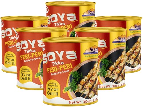 Rani Soya Tikka Peri-Peri 30oz (1.875lbs) 850g, Pack of 6, Ready for Cook ~ Easy Open Lid | All Natural | Vegan | No Colors | NON-GMO | Kosher | Indian Origin | Soy Based Meat Substitute
