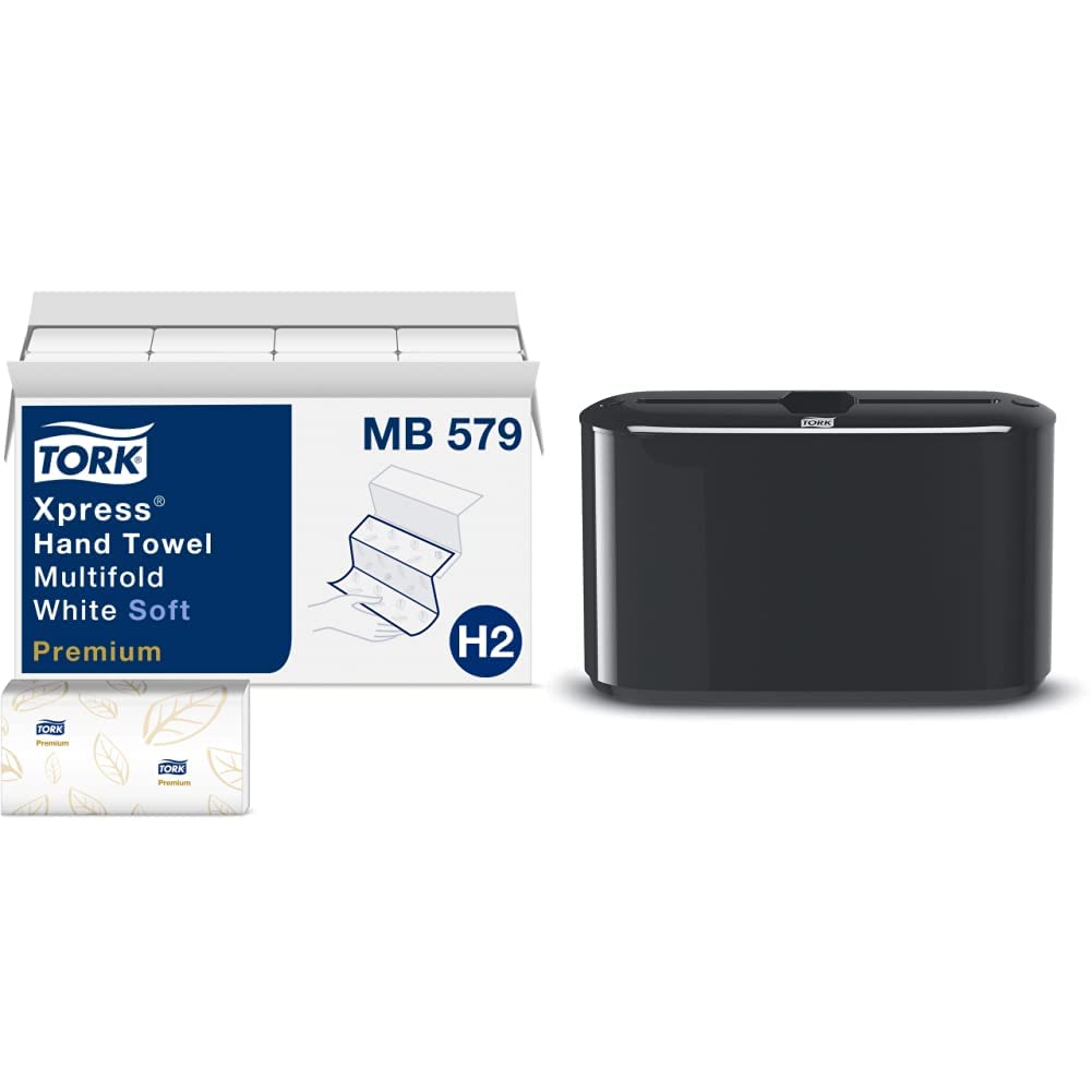 TorkXpress Soft Multifold Hand Towel White with Blue Leaf Print, Premium Quality, 135 Towels per Pack, 16 Packs, Fits H2 Towel Dispensers and Tork Xpress Paper Towel Dispenser, Black, Compact for Home Use, Fits H2 Towels