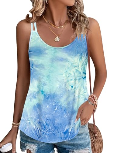 PLOKNRD Débardeur Femme D'été Gilet à Bretelles Spaghetti Chic et Élégant sans Manche Haut Col Rond (Tie-Dye Bleu et Blanc,L)