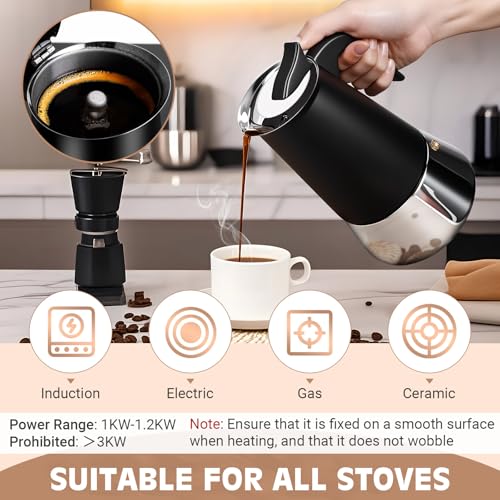 Image of 9 Cup Stainless Steel Moka Pot, 450ml Stovetop Espresso Maker, Black