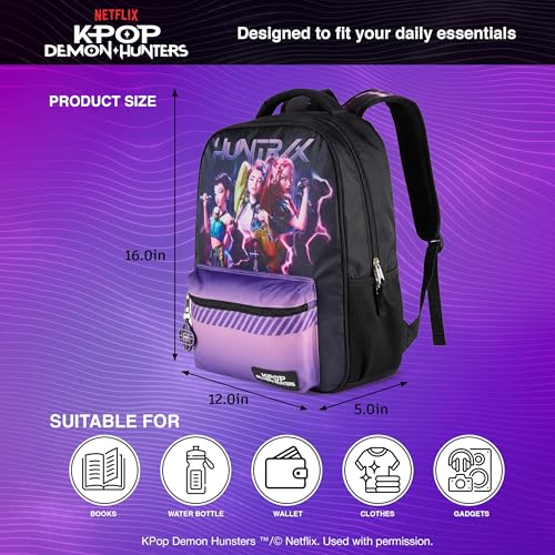 Image of AI ACCESSORY INNOVATIONS K-Pop Demon Hunters Huntrix 16 inch Backpack for Girls, Featuring Rumi, Zoey, Mira, Rubber Molded Bag Charm, Huntrix