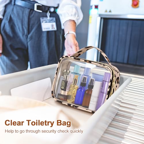 Image of Wedama Clear Toiletry Bag, 2 Pack Clear Makeup Bags with Handles, Large Travel Bags PVC Cosmetic Bag for Women and Men, Carry on Airport Airline Compliant Bag, Leopard Print