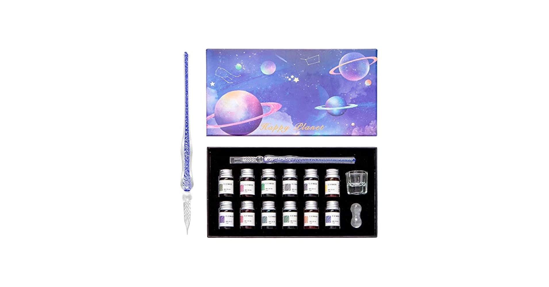 Crystal Glass Dip Pen Ink Set-Dip Pen With 12 Color Ink Bottles