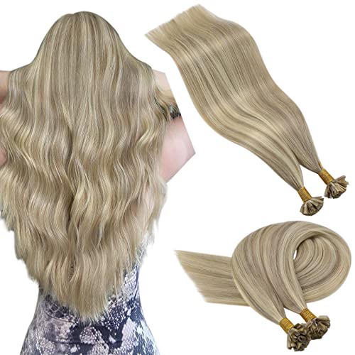 Extension Keratine Blonde Extension Cheveux Naturel Keratine Blond avec Blond Cendre Highlight 14 Pouces Extension a Chaud Cheveux Naturel 50brin/50g Keratine Extensions #16/22
