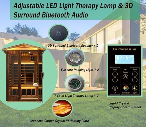 Image of LTCCDSS Outdoor Red Cedar Sauna 2 Person Far Infrared Sauna, Withstand Outdoor Temp -10℉-149℉| Low EMF Sauna Room for Home-9 Low EMF Heaters-Chromotherapys-Bluetooth Speaker