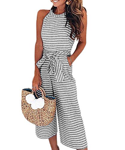 Ru Sweet Women Striped Waist Belted Wide Leg Jumpsuit Light Grey