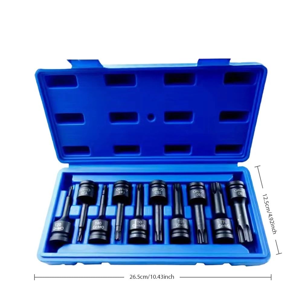 10 sztuk 1/2 Cal napęd udarowy Torx Star Bit zestawy gniazd T20-T80 zestaw bitów metalowe narzędzia ręczne Zestaw przedłużek