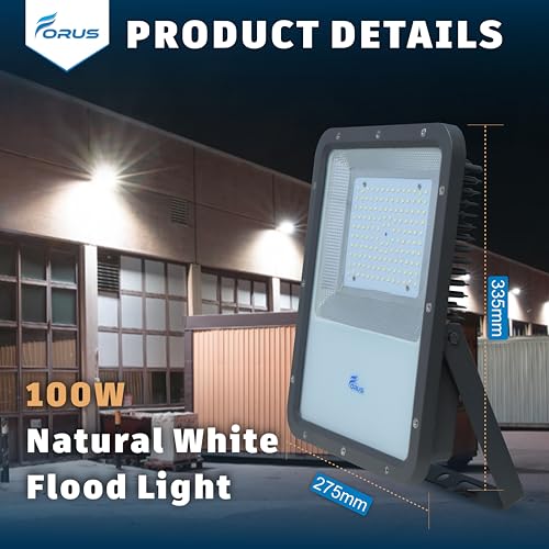 Image of Forus 100W LED Flood Light, IP67 Waterproof Outdoor LED Floodlight, 4-Yrs Warranty High Mast Focus Natural White, Energy Efficient Halogen Replacement for Factory, Garage, Parking, Garden, Shop (1 PC)