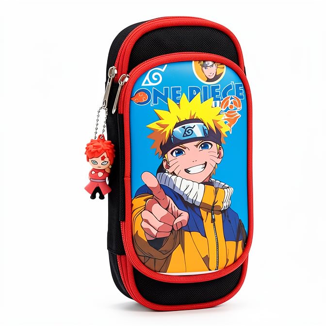 Image of KiddiBox One Piece Anime Pencil Case, Blue Double Zipper Stationery Pouch with Character Charm, School Supply with Keychain (Combo Pouch & Stickers)