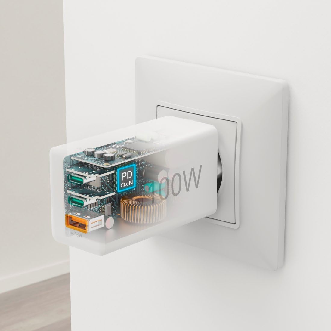 Hama | Cargador rápido de Pared Universal. (Tecnología GAN 100w, 2X USB c Power Delivery, 1x USB a Quick Charge, Carga simultánea 3 Dispositivos) Blanco.