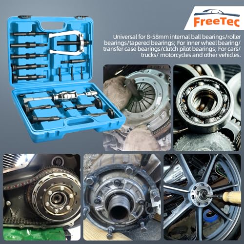 FreeTec 17tlg Innenlager Abzieher Set, 8-58mm Innenabzieher Lager, Grundloch Lagerabzieher Innenlager Auszieher Werkzeug, Kugellager Abzieher Innen Gleithammer mit Handschuh für Auto Motorrad