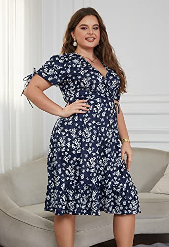 Image of Keluummi Plus Size Summer Wedding Guest Midi Dresses for Curvy Women, Floral V Neck Party Sundress